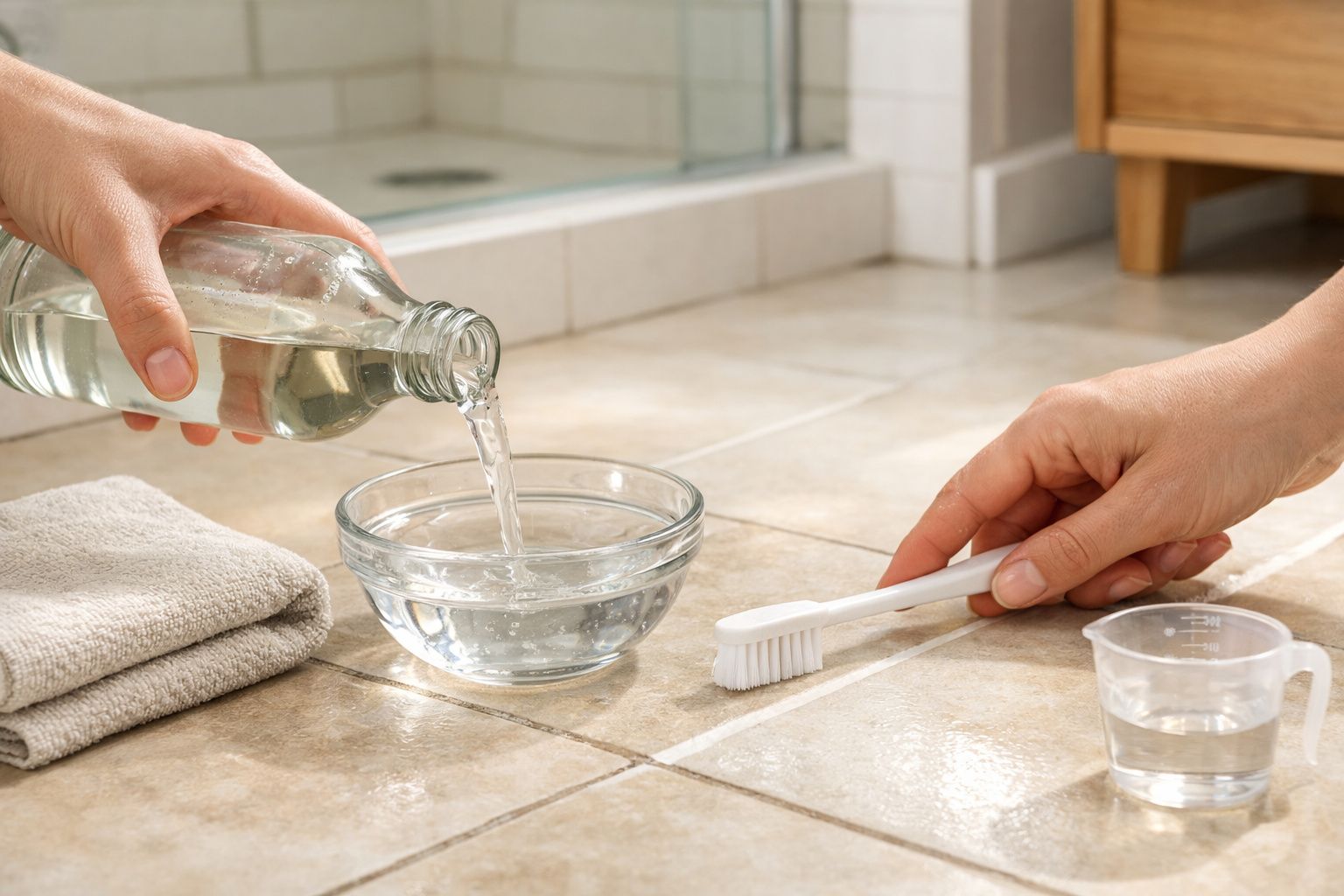 Pessoa a despejar líquido numa taça de vidro para limpar juntas de azulejos com escova branca no chão.