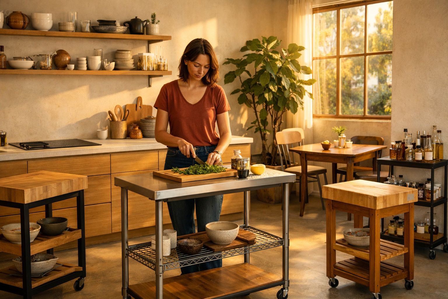Mulher a cortar ervas frescas numa cozinha moderna com luz natural e mobiliário em madeira.