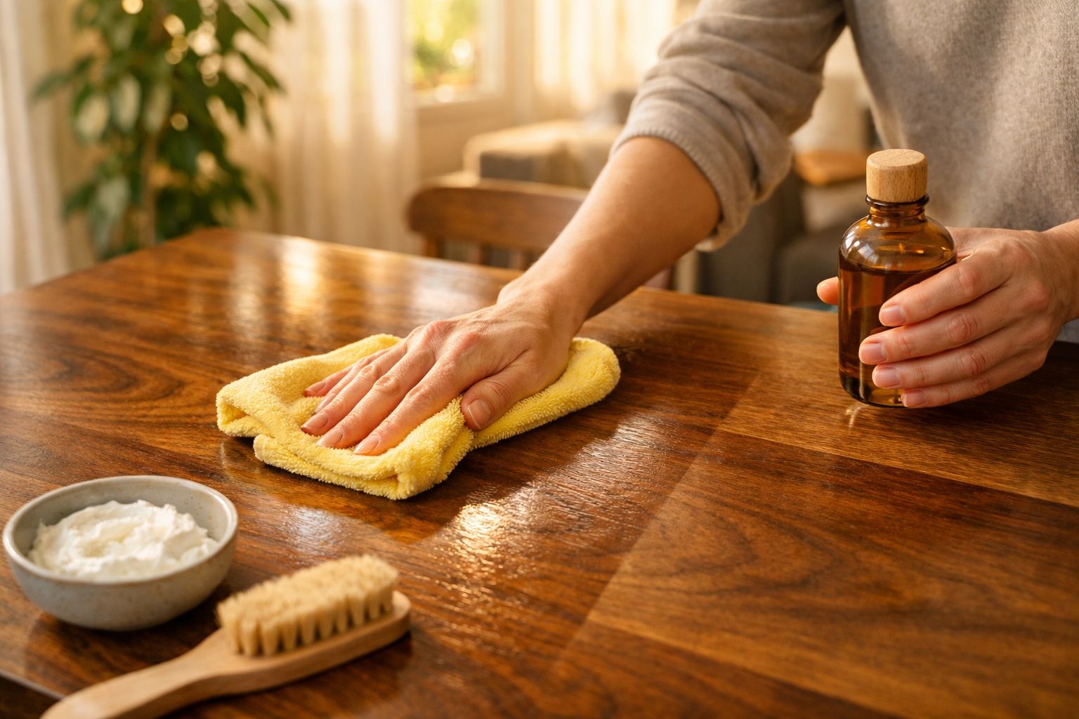 Mão a limpar mesa de madeira com pano amarelo, óleo e produtos de limpeza visíveis numa sala iluminada.