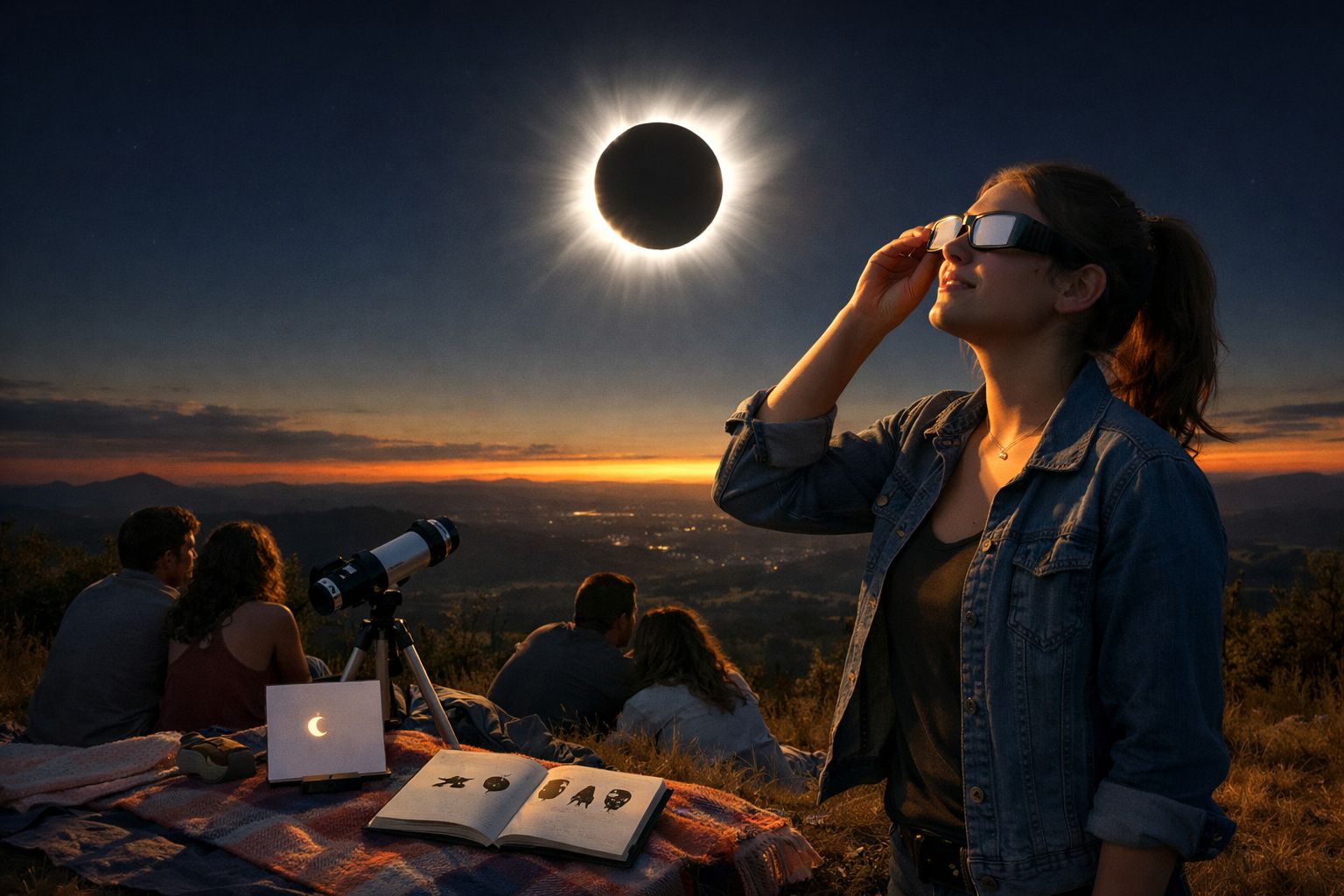 Pessoa de óculos especiais observa eclipse solar total ao pôr do sol, grupo e utensílios de astronomia ao fundo.