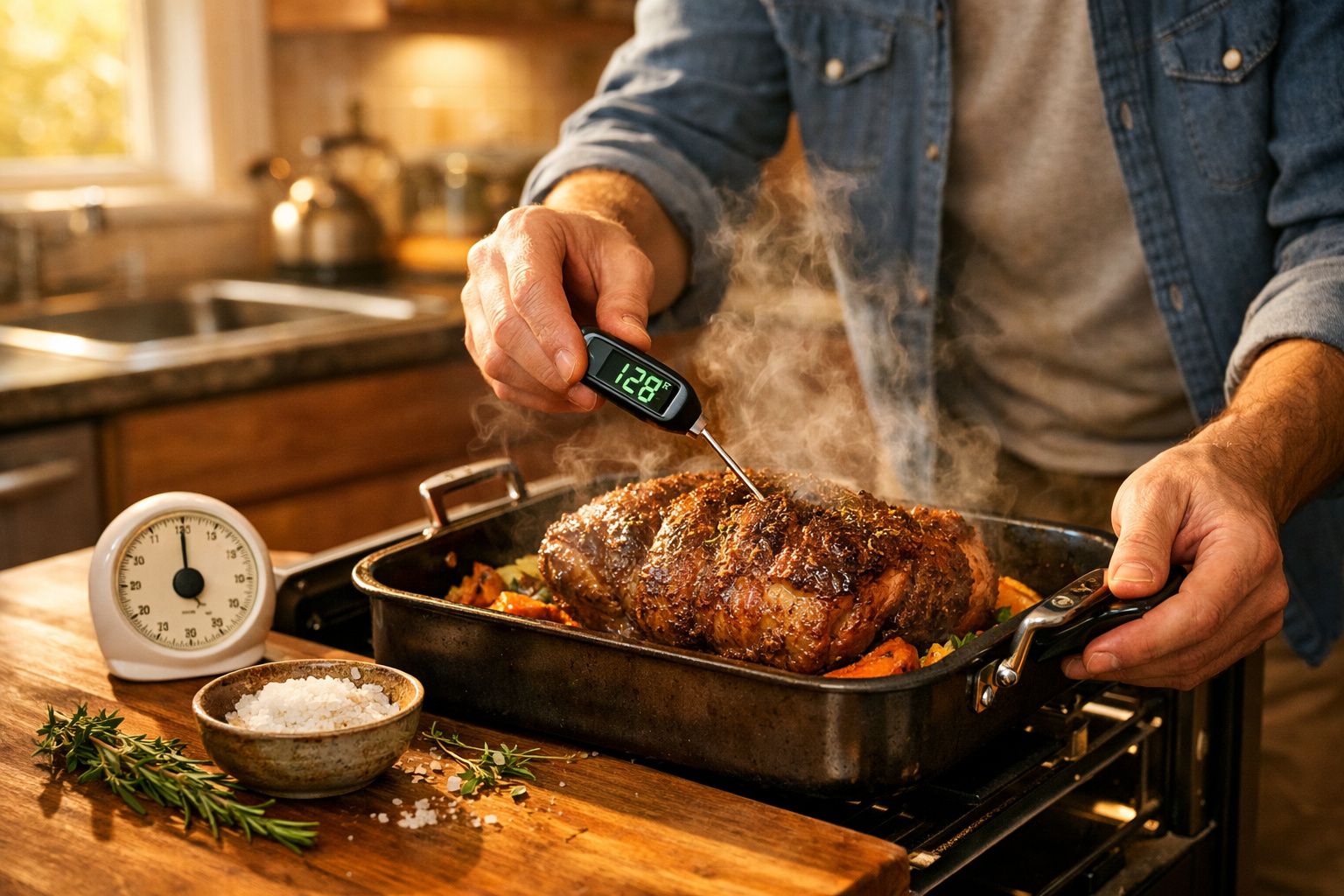 Pessoa a usar termómetro digital para medir a temperatura de um assado numa cozinha.