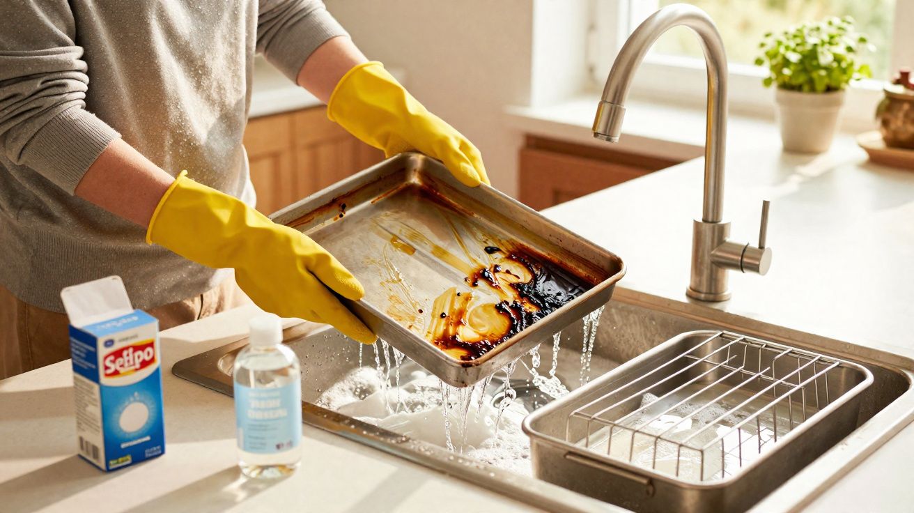 Pessoa a lavar tabuleiro sujo com luvas amarelas numa pia moderna com detergente e bicarbonato.