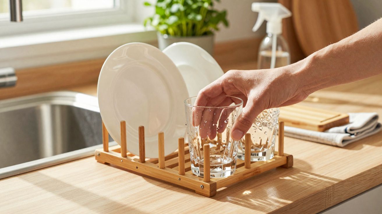 Mão a retirar copo de vidro de escorredor de louça com pratos brancos na bancada da cozinha.