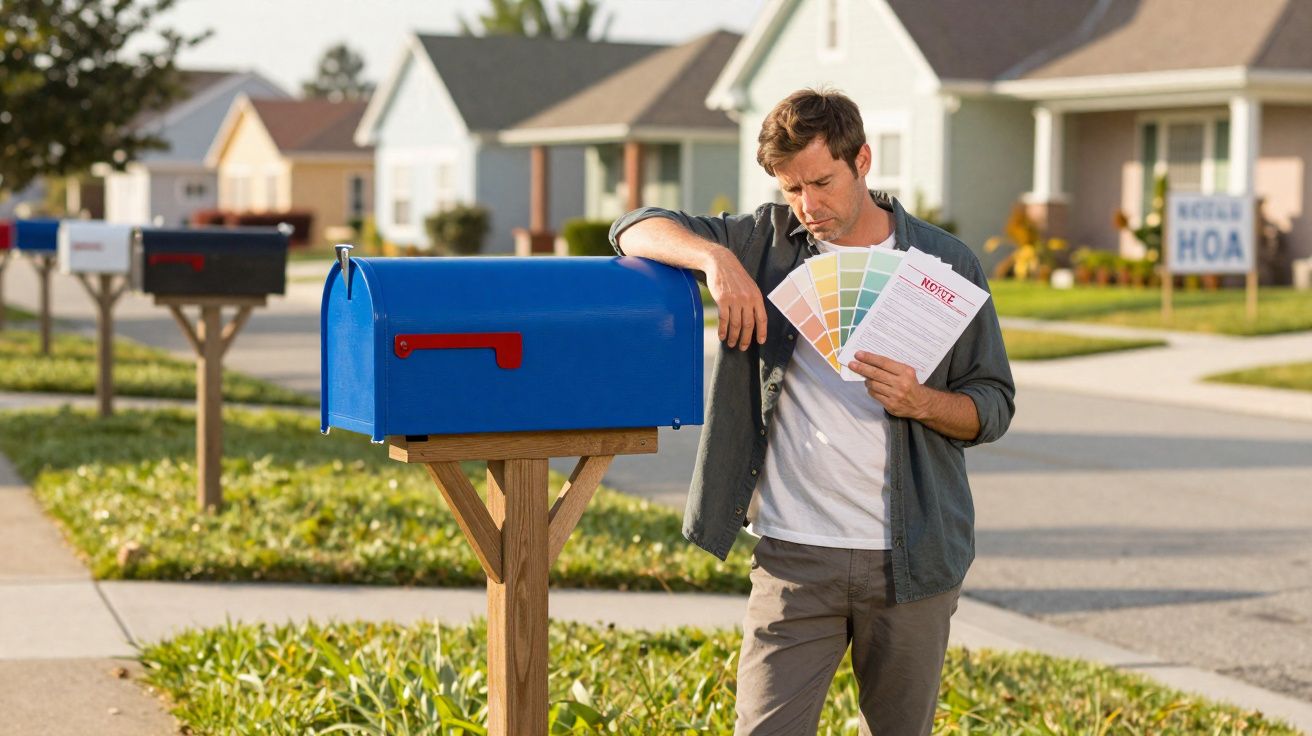 Homem junto a caixa de correio azul na rua, segurando amostras de cores e folhetos imobiliários.