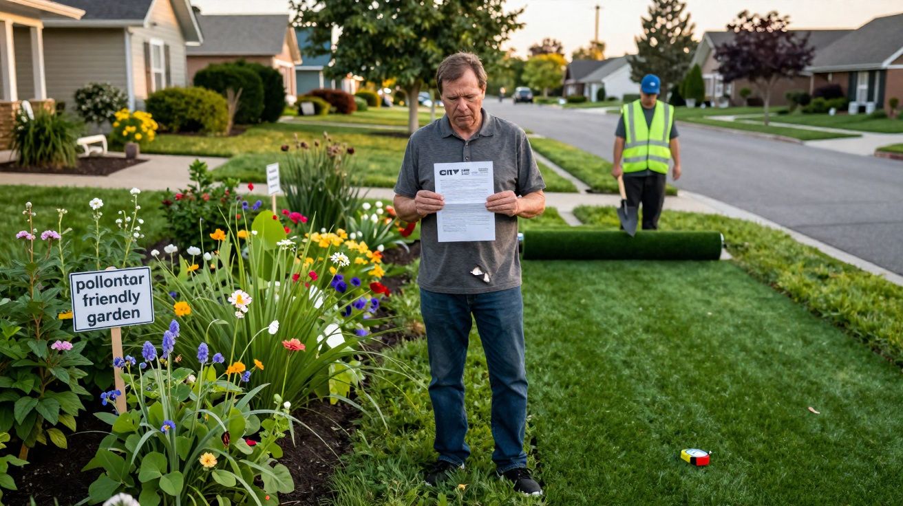 Homem lê documento no jardim com flores, enquanto trabalhador com colete refaz relva numa rua suburbana.