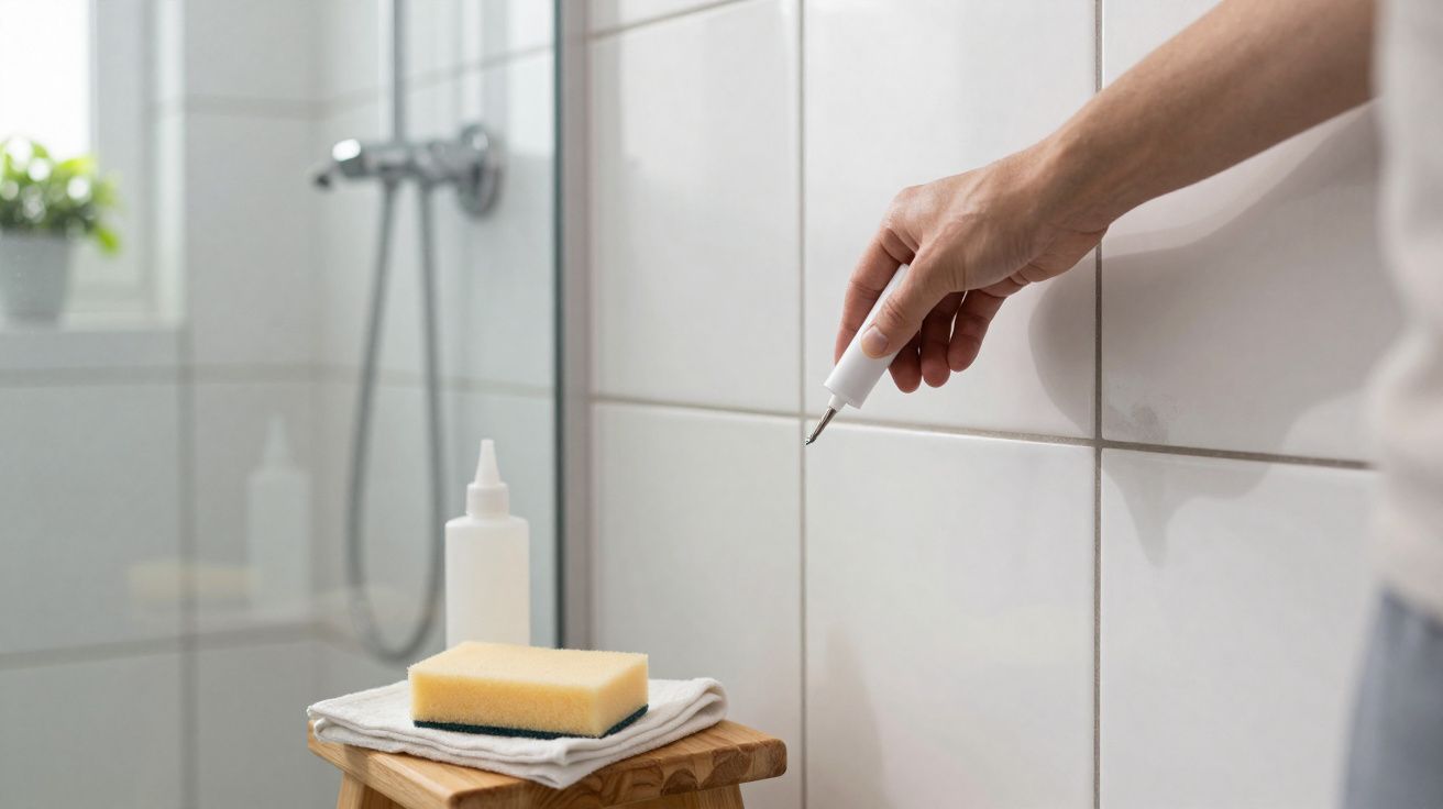 Mão a aplicar produto de reparação em azulejo danificado numa casa de banho clara e organizada.