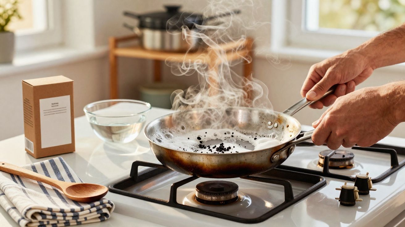 Mãos a mexer numa frigideira a fumegar no fogão, com colher de pau e caixa na bancada da cozinha.