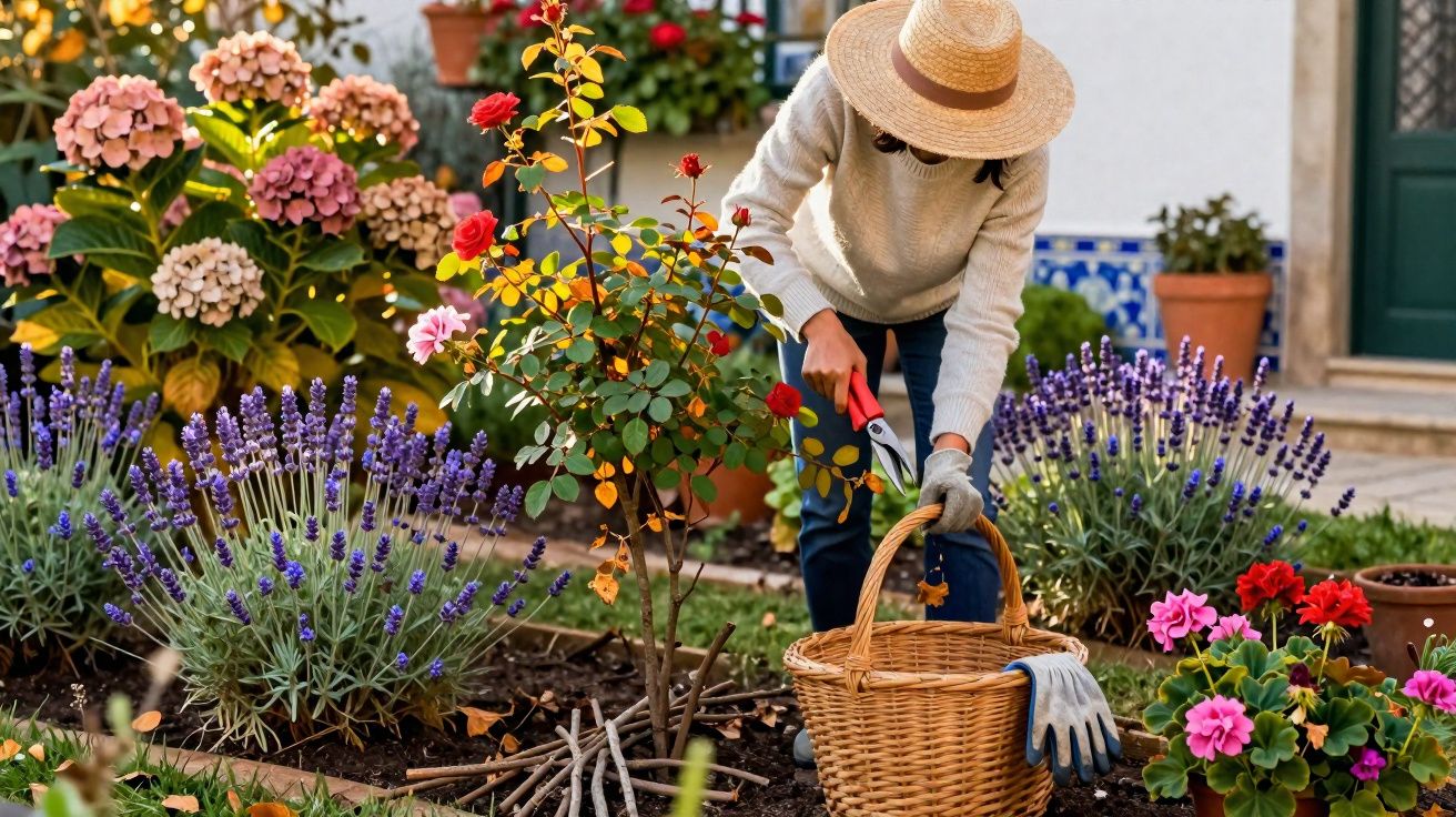 Pessoa com chapéu a podar rosas num jardim com flores coloridas e lavanda, ao lado de cesta de vime.