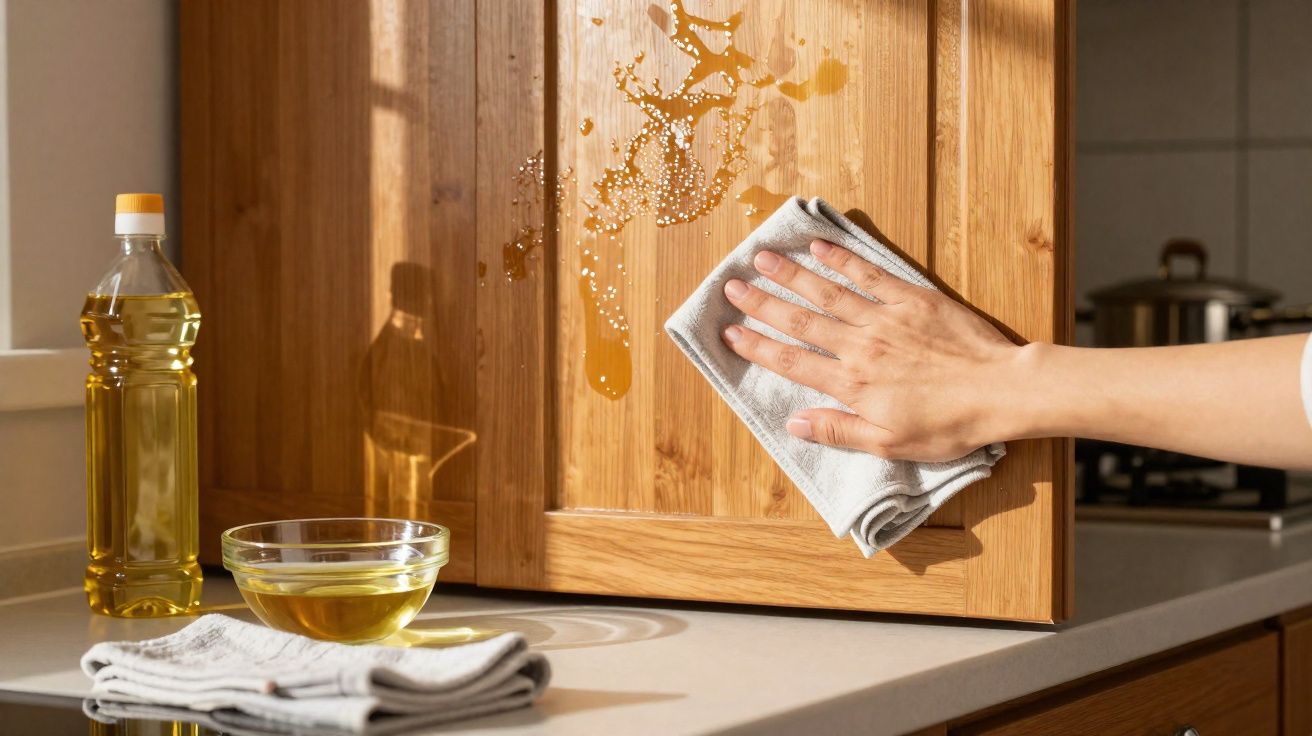Mão a limpar óleo derramado numa porta de armário de madeira clara na cozinha.