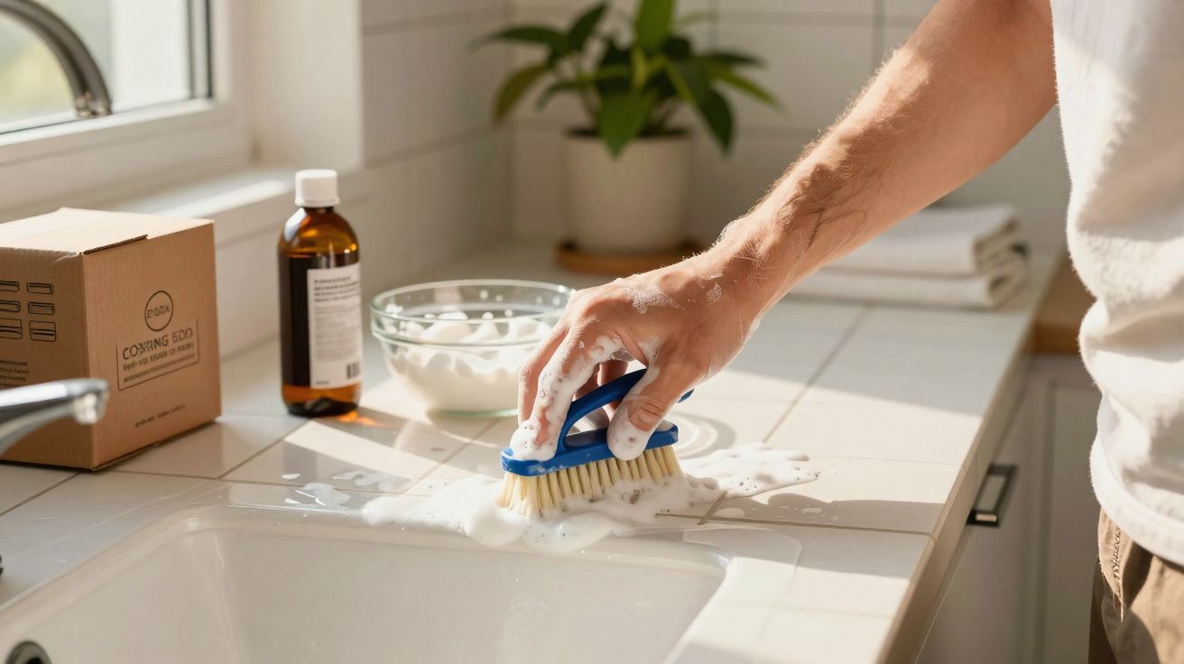 Mão a esfregar a pia da cozinha com escova e espuma de limpeza branca.
