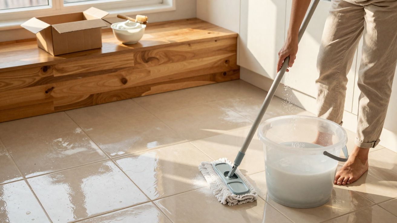 Pessoa a limpar chão cerâmico com esfregona e balde de água, luz natural entra pela janela.