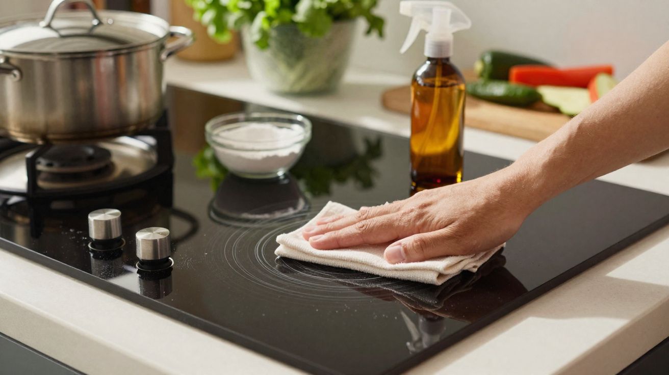 Mão a limpar placa de fogão vitrocerâmico com pano branco numa cozinha moderna.