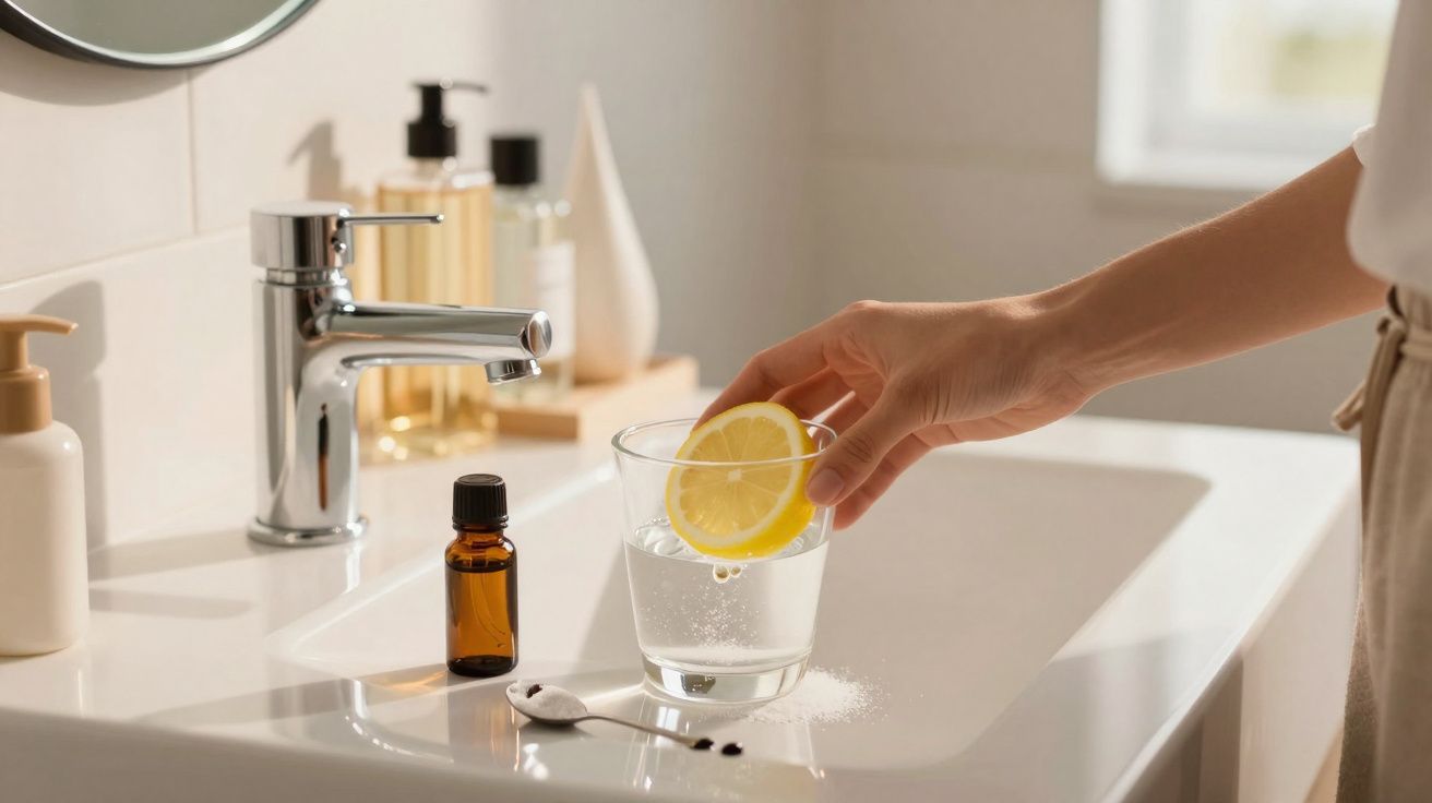 Mão a colocar fatia de limão em copo com água num lavatório branco, com frascos e colher ao lado.