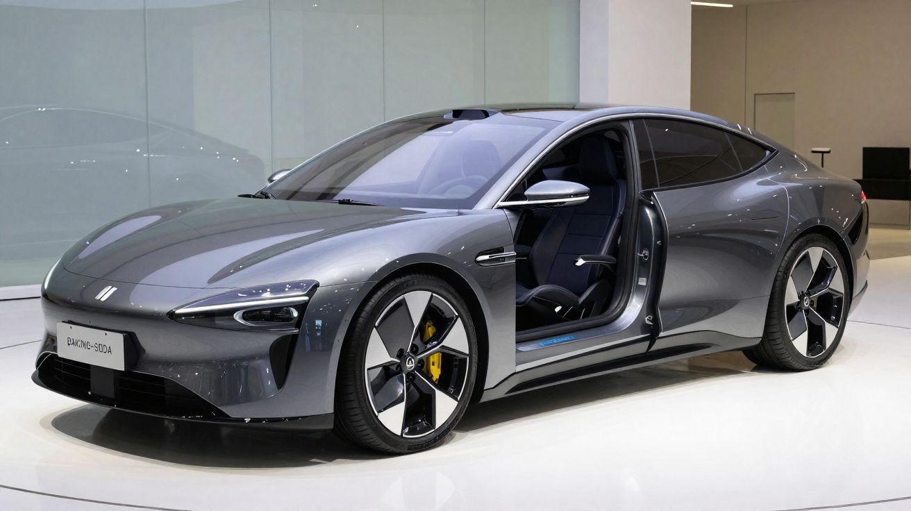 Carro elétrico cinzento moderno com porta do condutor aberta, apresentado em espaço interior iluminado.