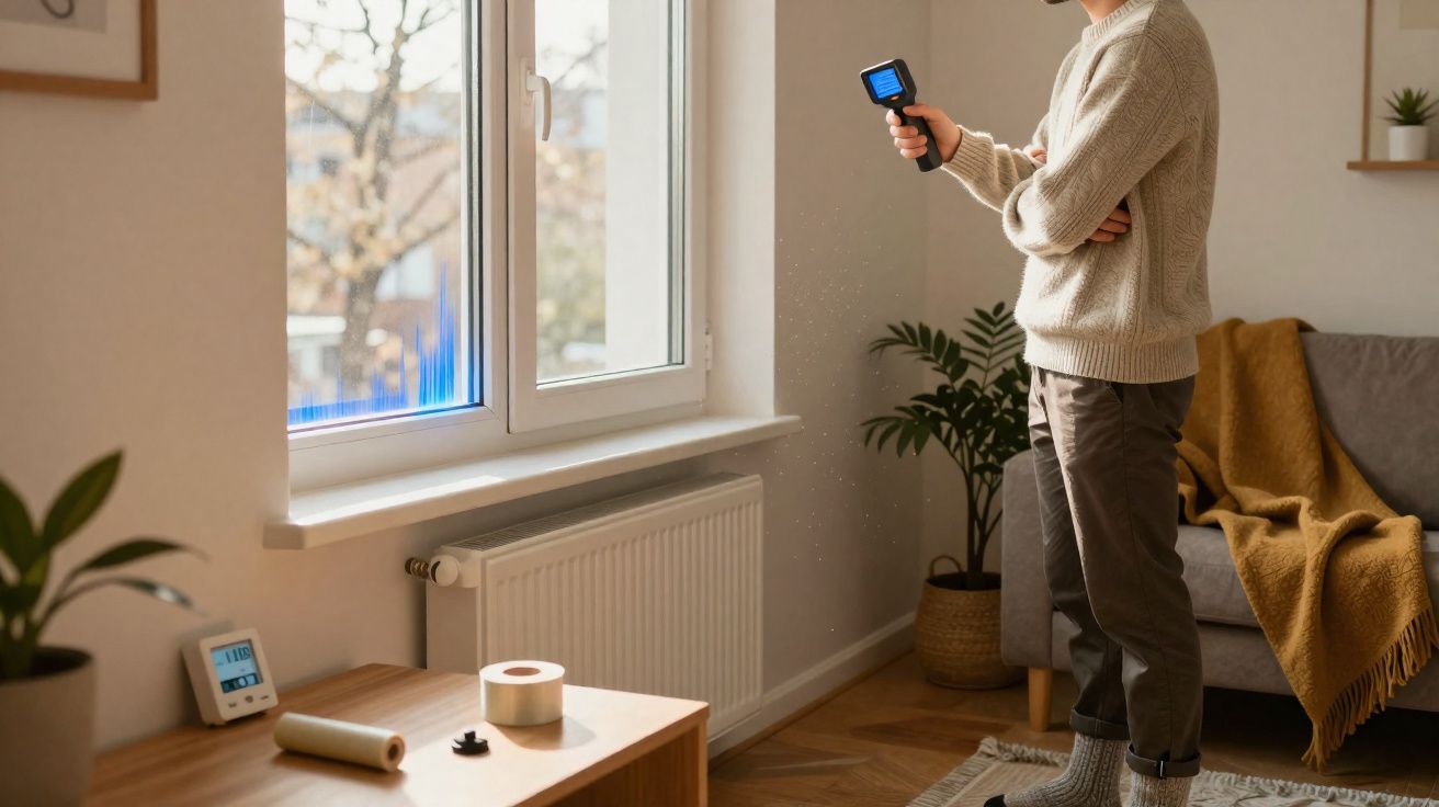 Pessoa com controlador de humidade a medir humidade no interior perto de janela e radiador.