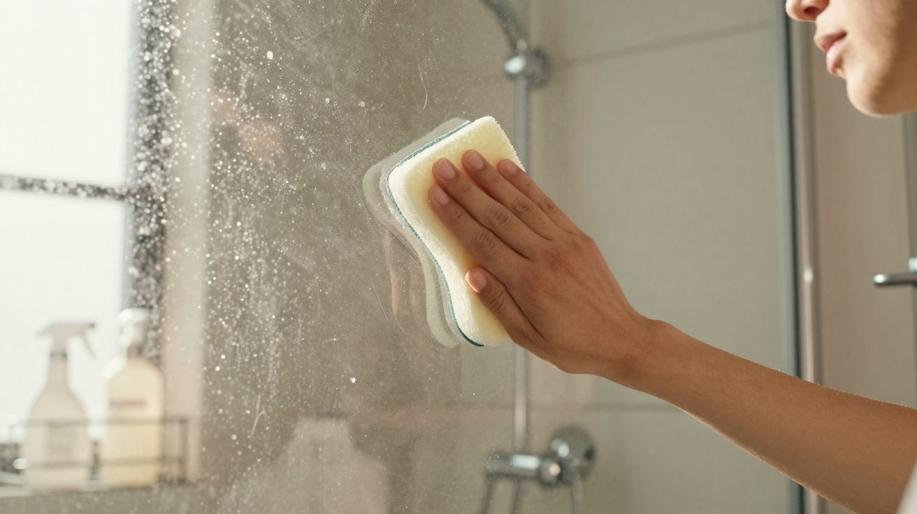 Pessoa a limpar um espelho de casa de banho com uma esponja branca e amarela.