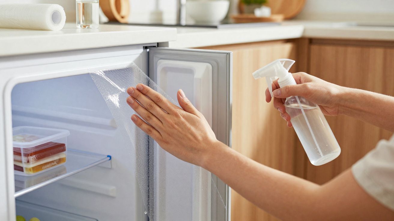 Mãos a aplicar spray e limpar a porta interior de um frigorífico numa cozinha moderna.