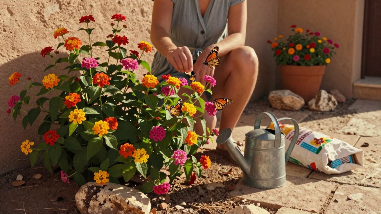 Pessoa a cuidar de flores coloridas com borboletas, regador e saco de fertilizante ao lado.