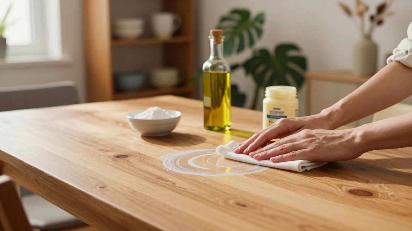 Mãos a limpar mancha de líquido numa mesa de madeira com pano branco, perto de azeite e tigela com sal.