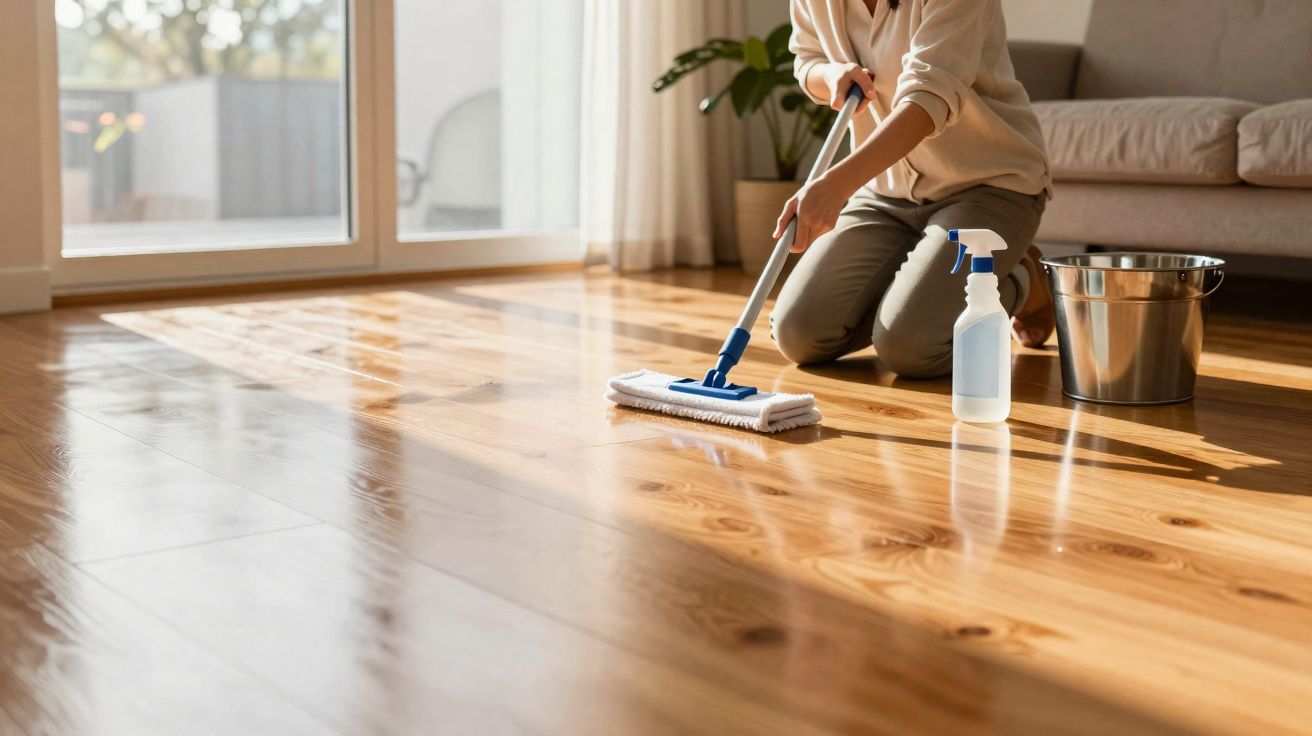 Pessoa a limpar chão de madeira com esfregona, ao lado de balde e borrifador, em sala com sofá e janela grande.