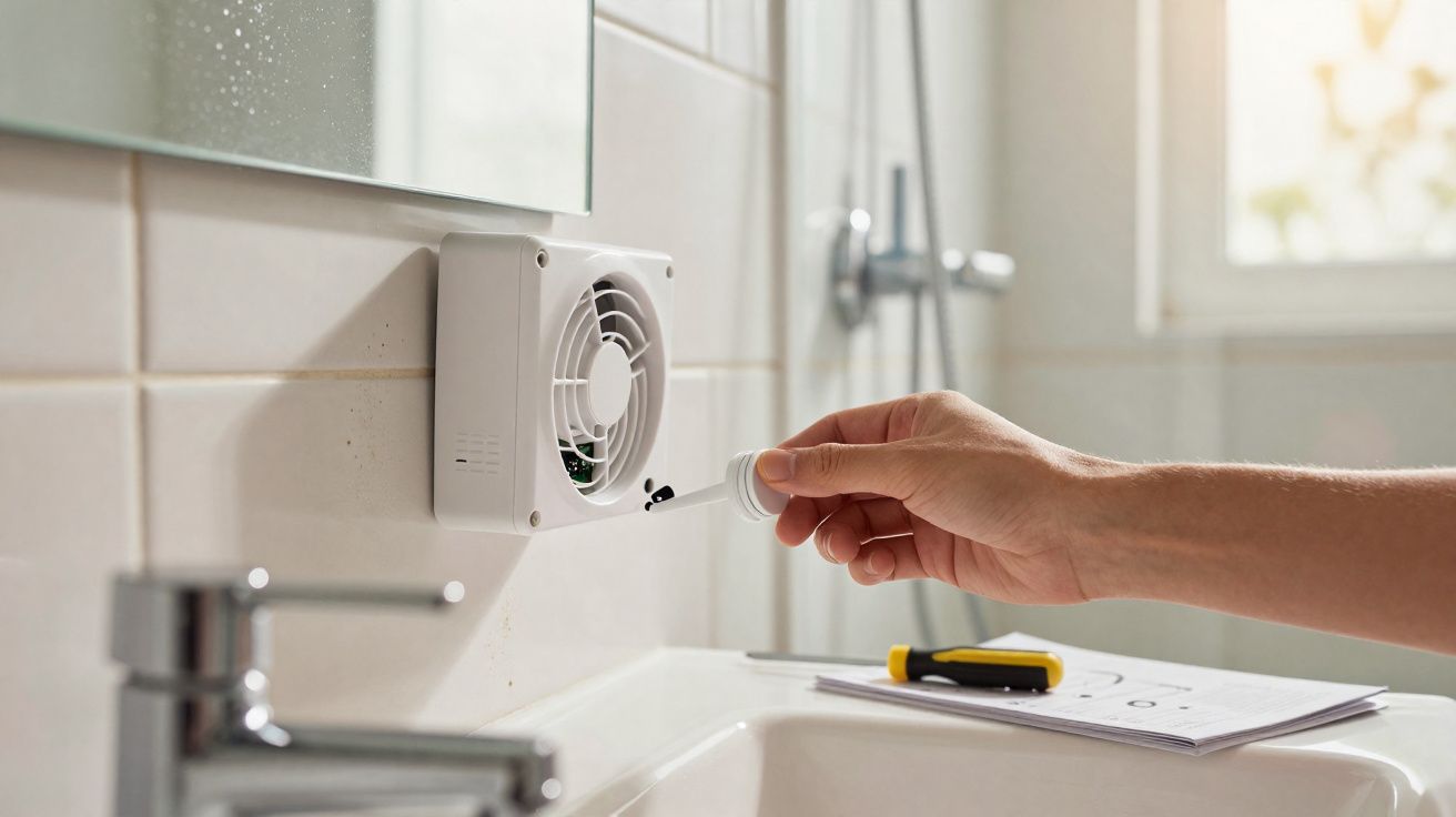 Pessoa a limpar um ventilador de exaustão montado na parede de uma casa de banho.