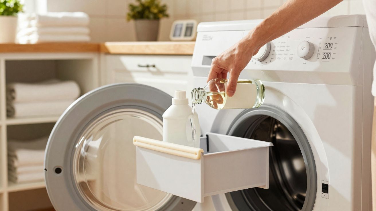 Mão a verter detergente líquido na gaveta de uma máquina de lavar roupa branca na lavandaria.