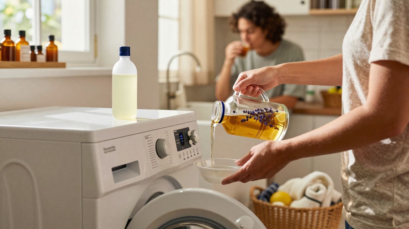 Pessoa a verter líquido perfumado de jarra para recipiente junto à máquina de lavar roupa numa casa iluminada.