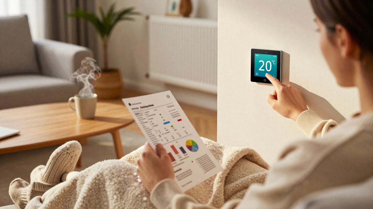 Pessoa sentada com manta a controlar termóstato digital a 20°C enquanto lê documento com gráficos.