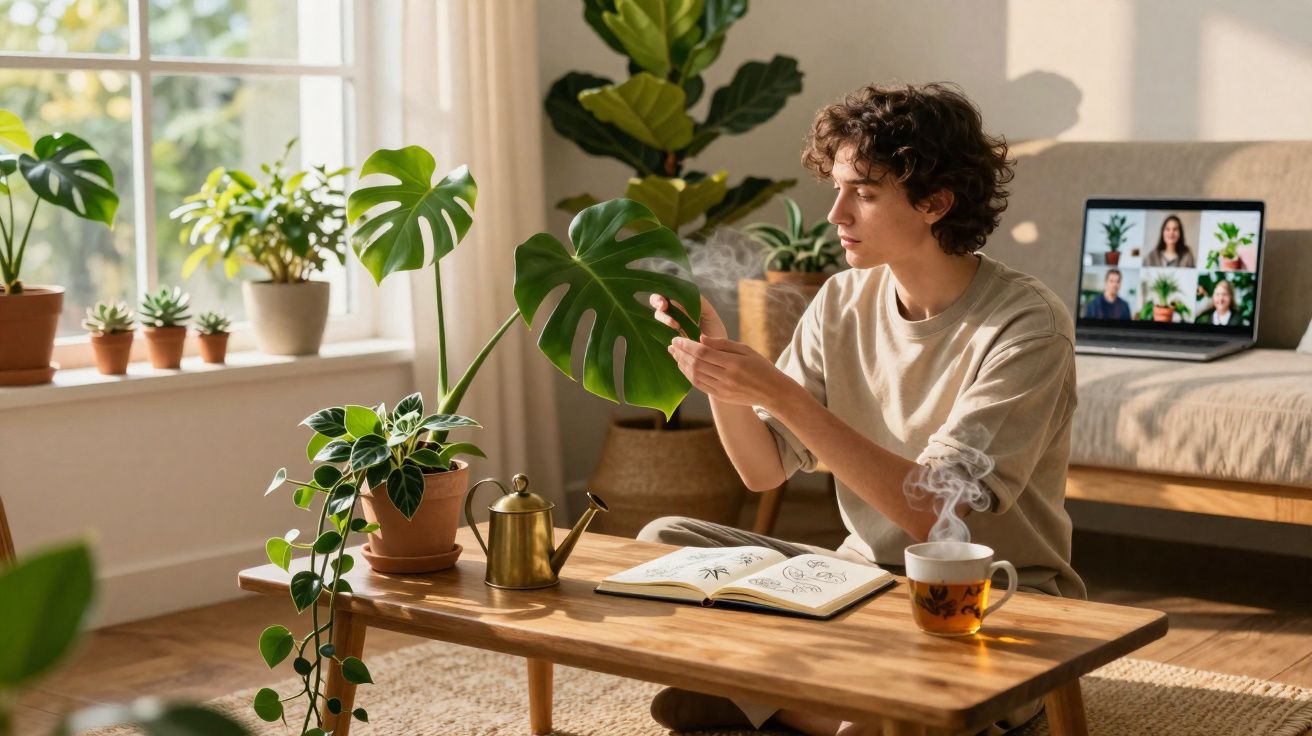 Pessoa sentada no chão a observar planta, com livro aberto, chá quente e videochamada no portátil ao fundo.