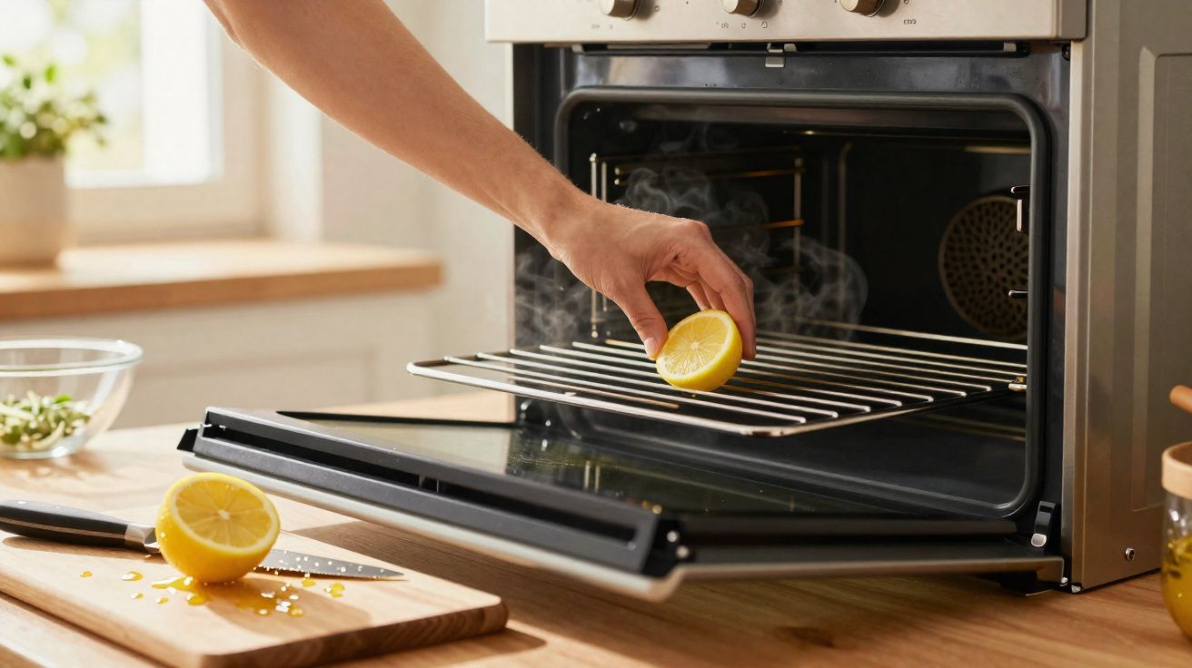 Mão a colocar metade de um limão num forno aberto, com outra metade e uma faca numa tábua de madeira.