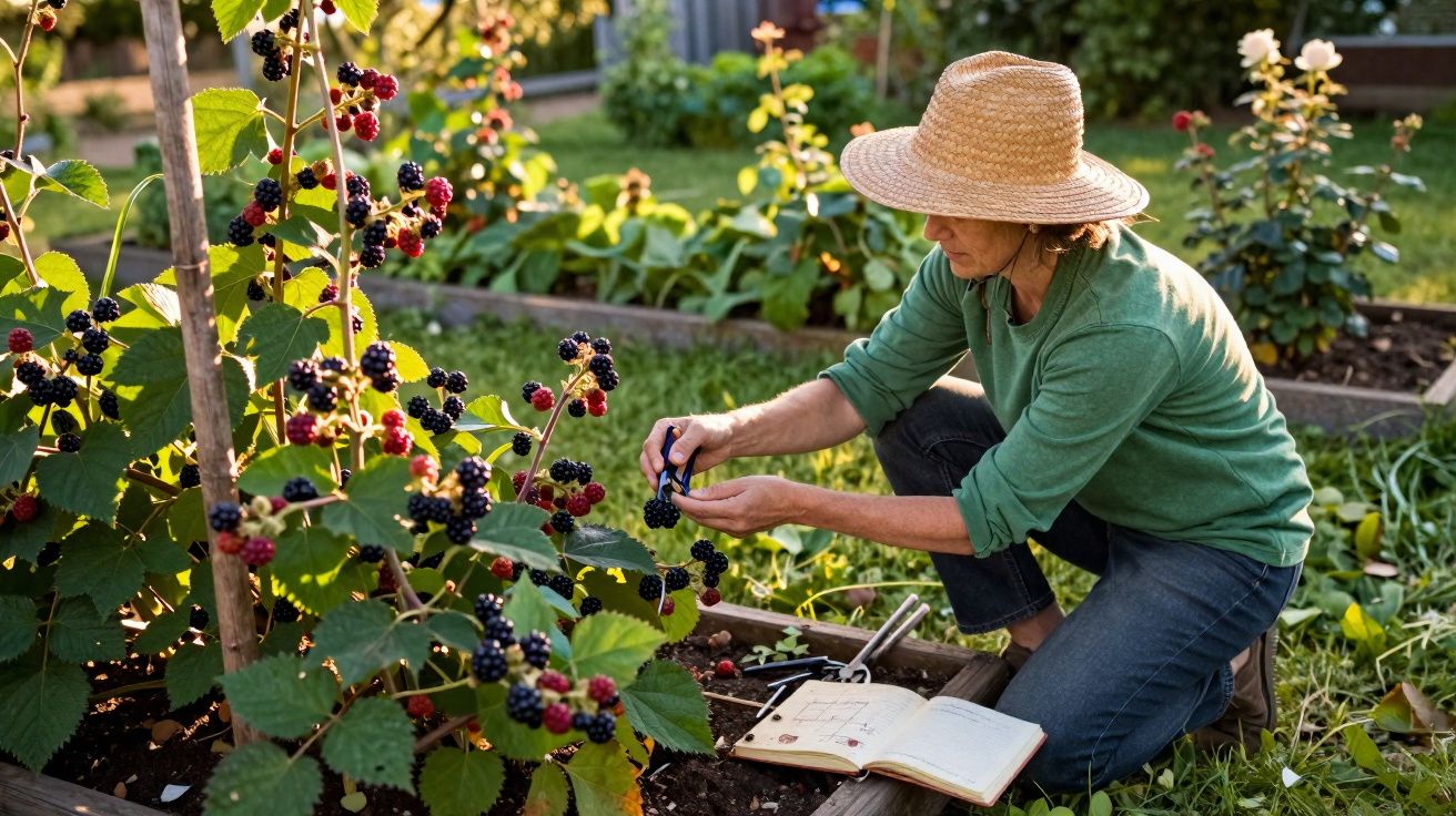 Mulher a apanhar amoras num jardim, agachada, com chapéu de palha e caderno aberto ao lado.