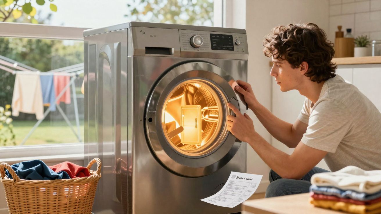 Jovem a abrir máquina de lavar roupa da frente, com cesto de roupa suja e roupas dobradas à sua volta.