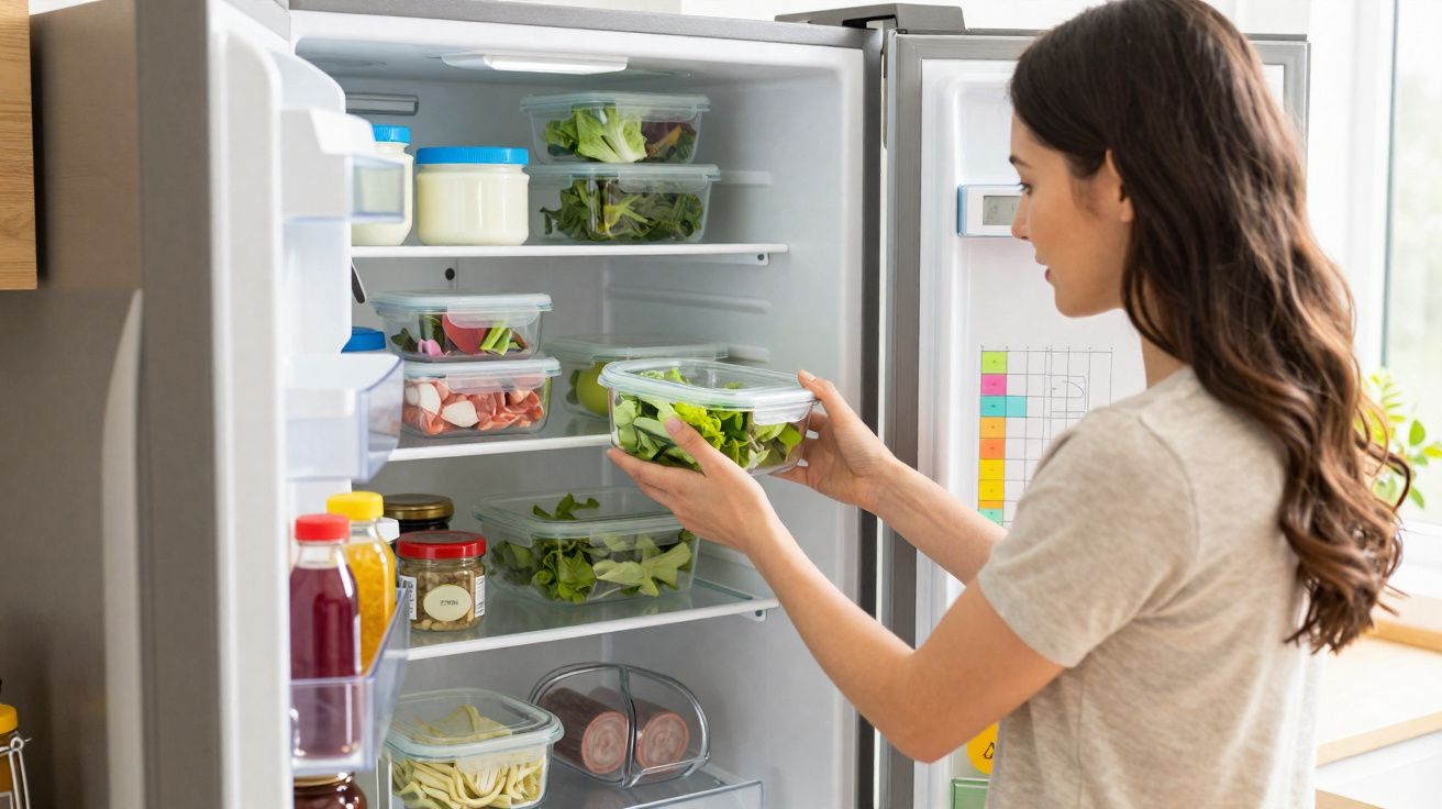 Mulher a guardar salada em recipiente transparente dentro de frigorífico aberto numa cozinha moderna.