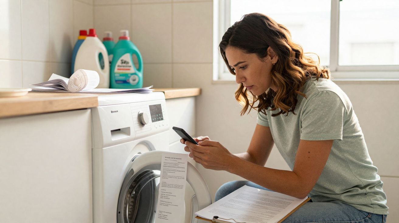 Mulher sentada junto a máquina de lavar, a usar telemóvel para consultar instruções de lavagem.