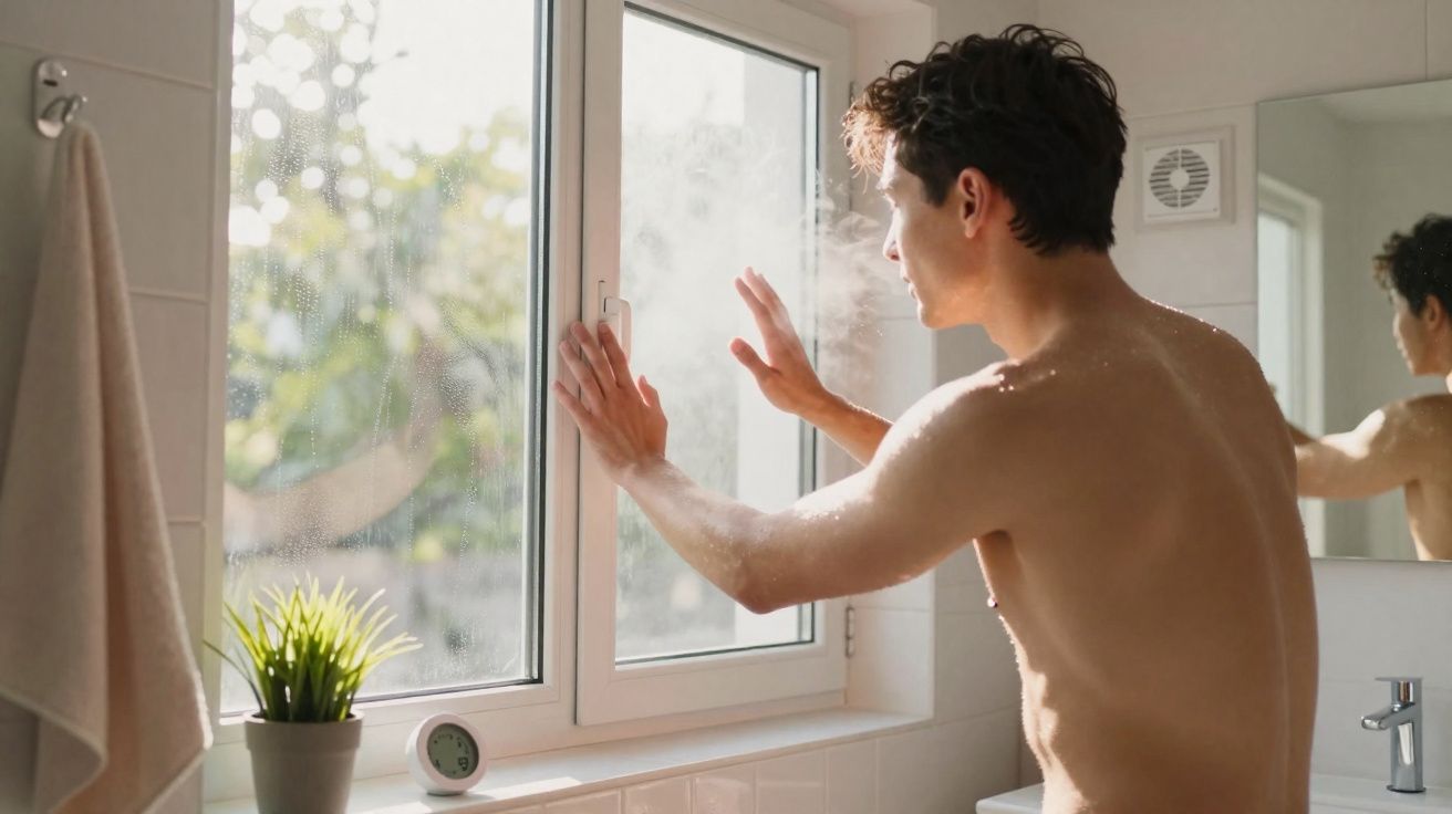 Homem sem camisa abrindo a janela embaciada numa casa de banho luminosa e moderna.