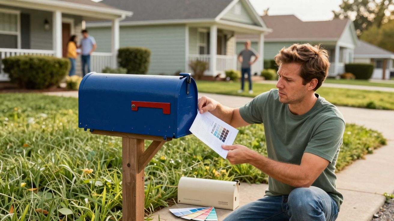 Homem sentado na calçada a examinar amostras de cores junto a uma caixa de correio azul numa rua residencial.