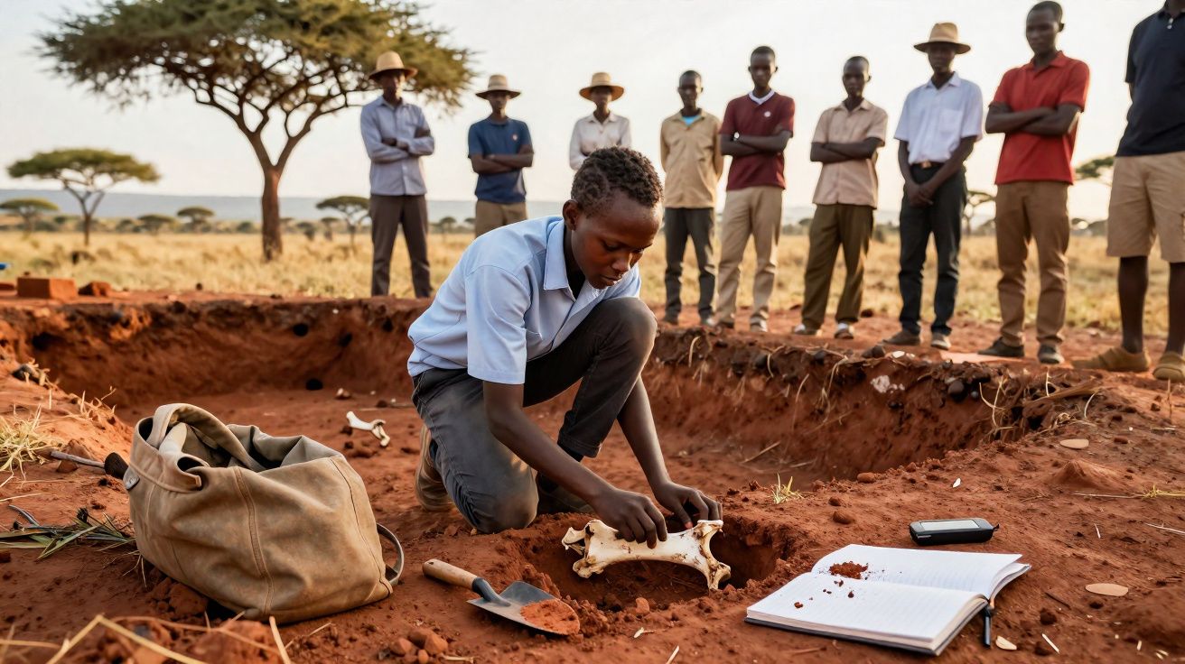 Rapaz examina ossos num local arqueológico com grupo de jovens e ferramentas na savana africana.