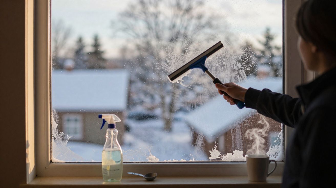 Pessoa a limpar vidro de janela com limpa-vidros, cenário nevado ao fundo e chávenas a dar vapor.