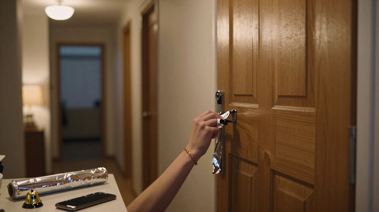 Pessoa a espreitar por uma porta de madeira com um  chaveiro metálico na mão num corredor interior.