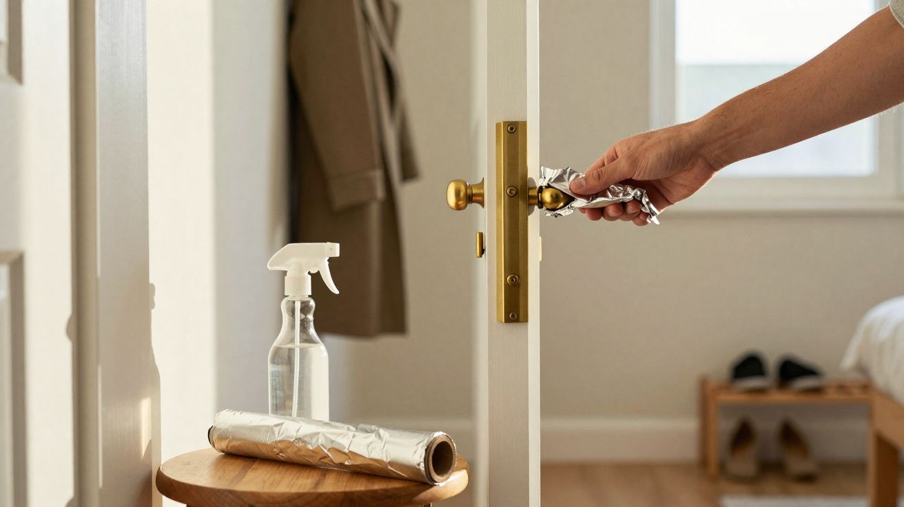 Mão a abrir porta com chave coberta por papel, ao lado spray e rolo de papel alumínio numa mesa redonda.