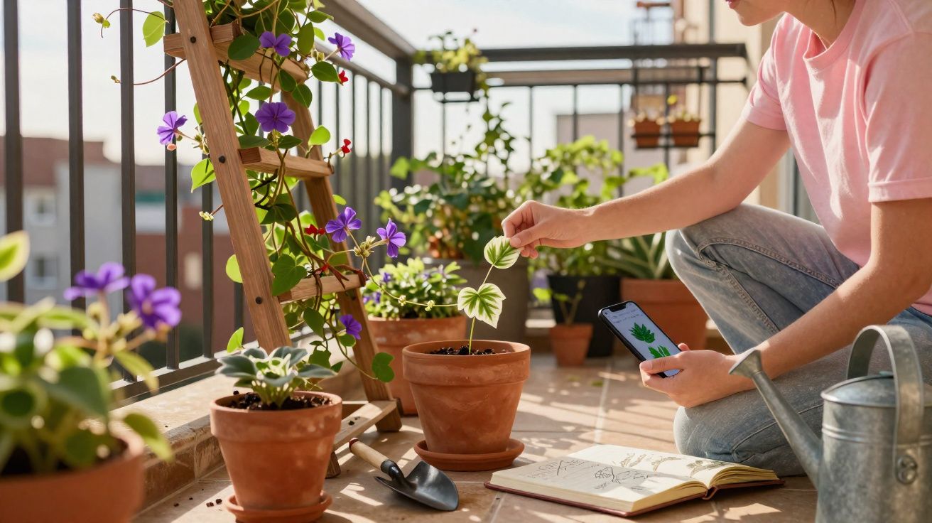 Pessoa a cuidar de plantas num terraço com vaso, livro, regador e telemóvel na mão.