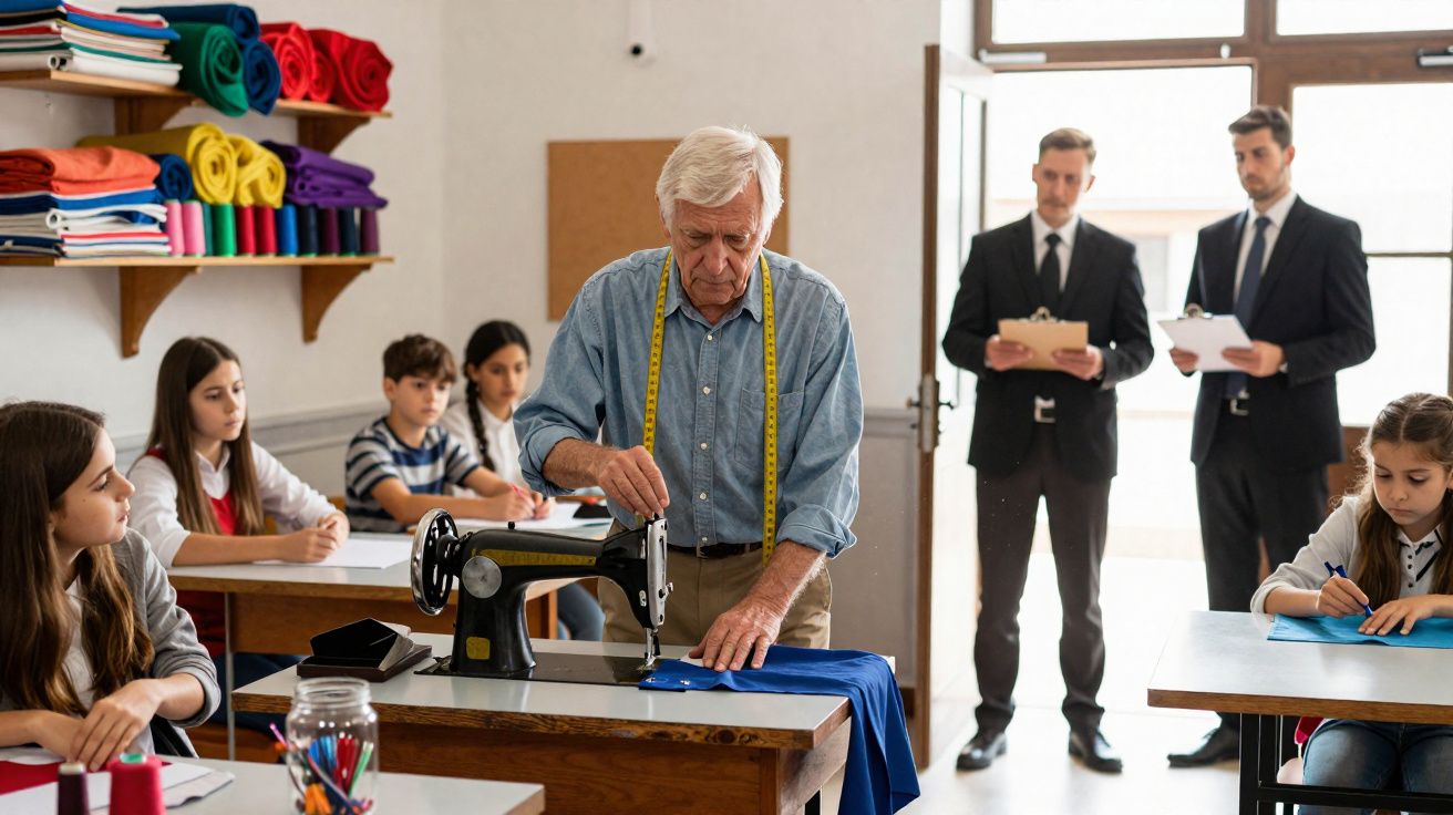 Professor idoso a ensinar costura com máquina vintage a alunos jovens, enquanto dois homens de fato observam.