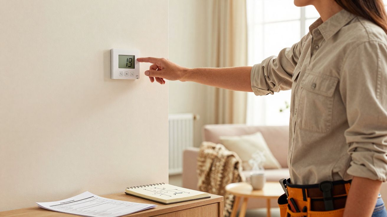 Pessoa a ajustar um termóstato digital montado numa parede numa sala de estar.