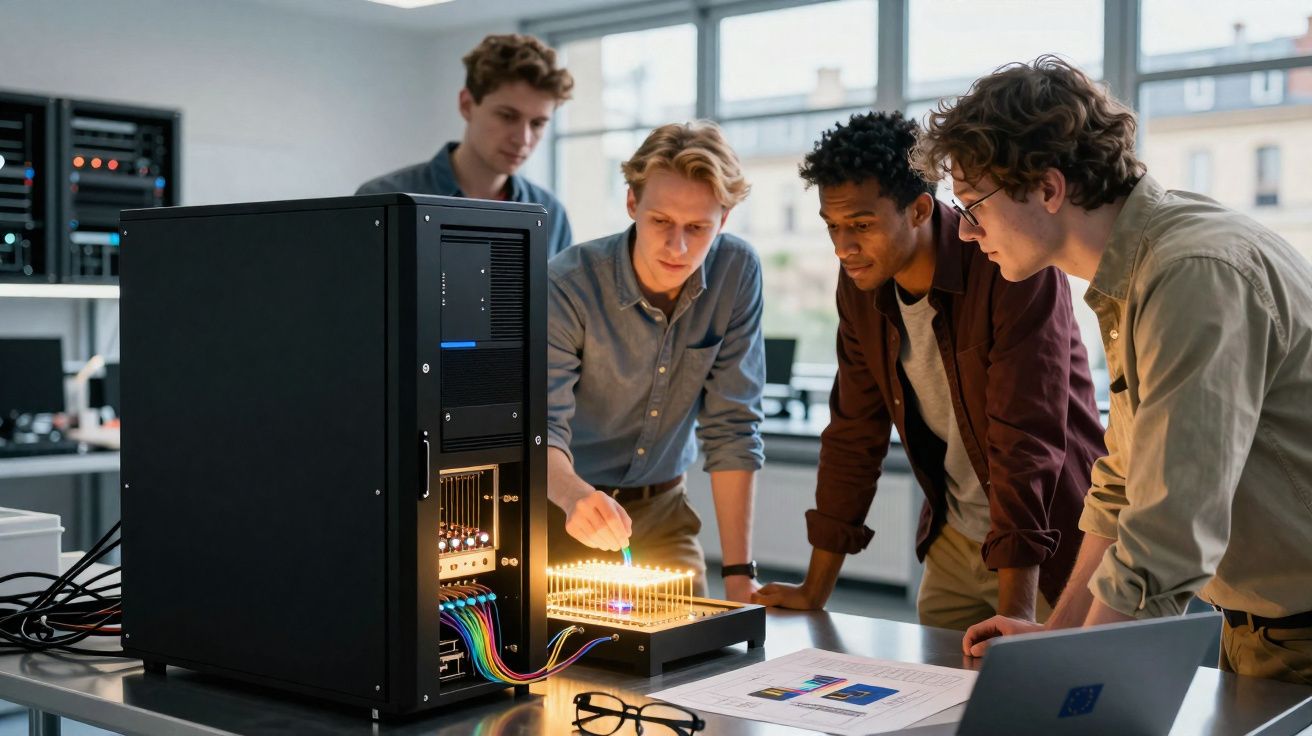Quatro jovens analisam circuito eletrónico ligado a um computador numa mesa de laboratório moderno.