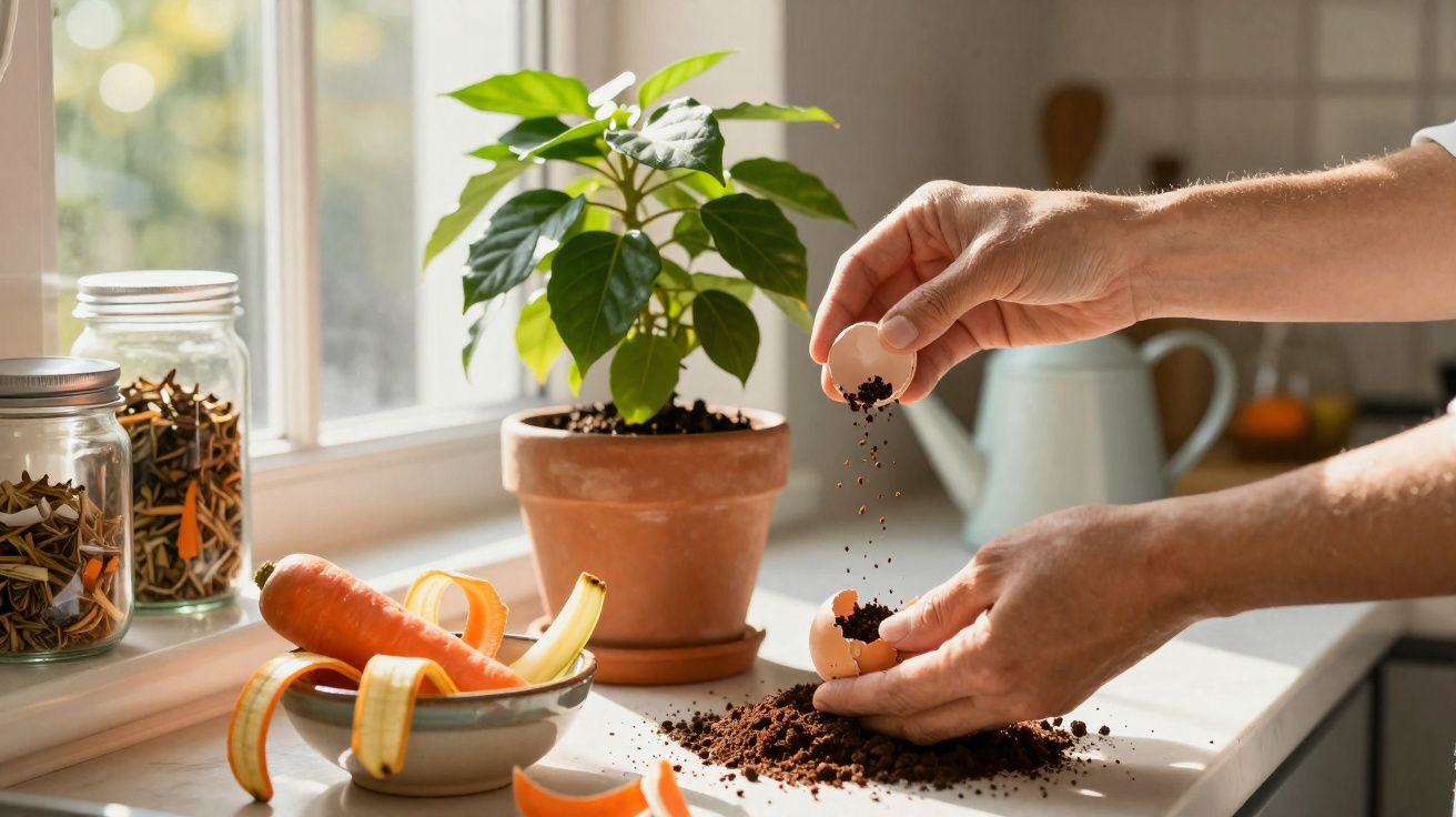 Mãos a semear terra em casca de ovo num ambiente de cozinha com planta, legumes e frascos sobre a bancada.