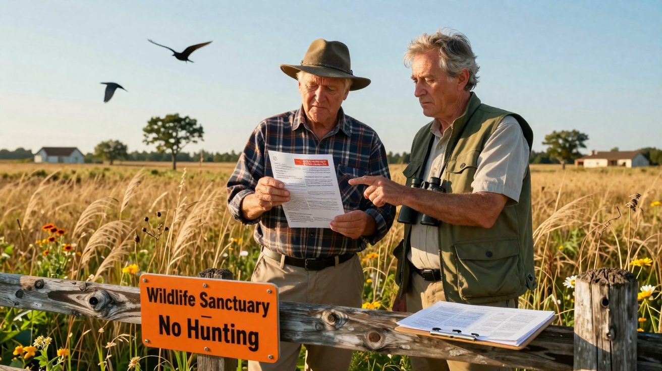 Dois homens analisam documentos numa reserva natural com placas de proibição de caça e aves a voar ao fundo.
