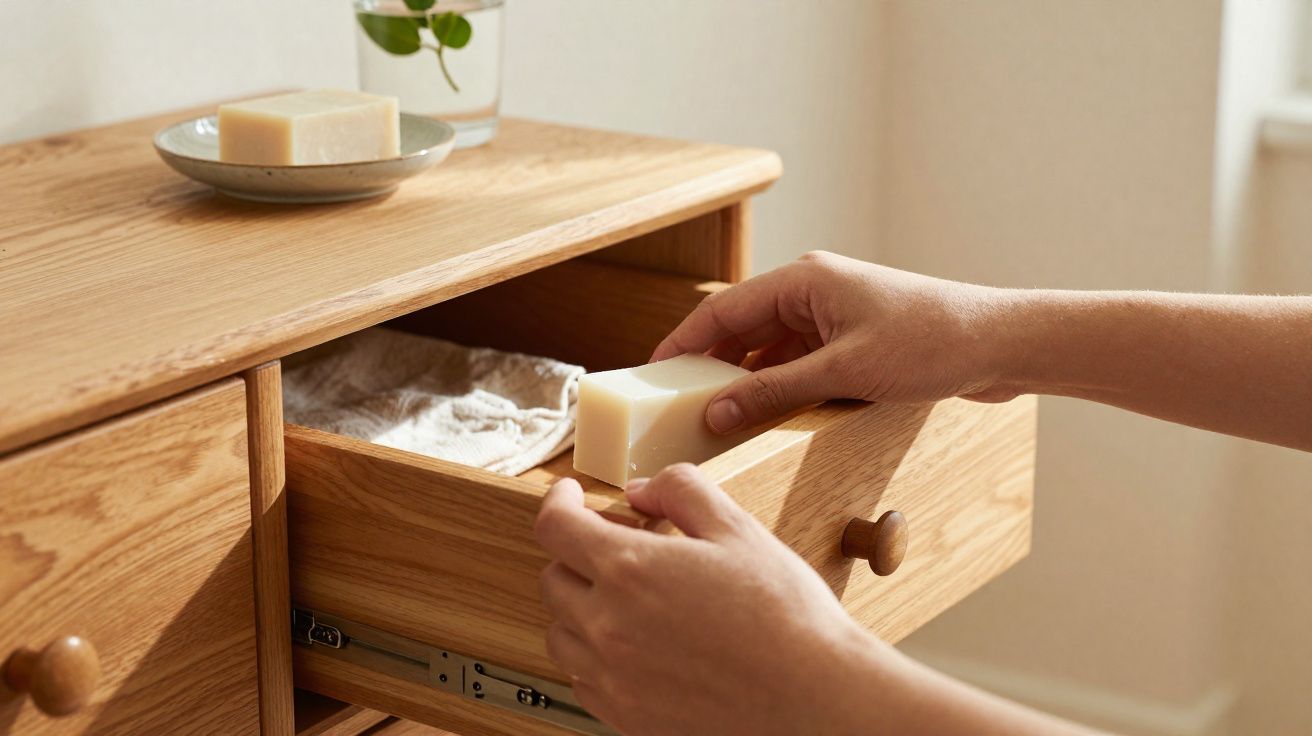 Mãos a guardar sabonete num móvel de madeira com toalha branca dentro da gaveta.