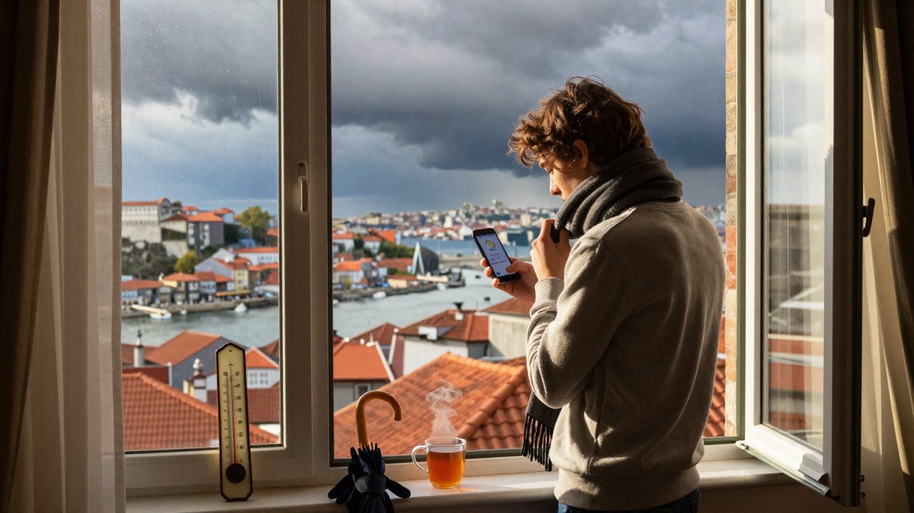 Homem a beber chá junto à janela, focado no telemóvel, com vista para cidade e céu nublado.