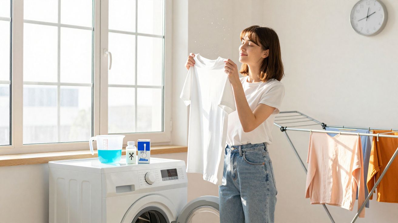 Mulher a secar roupa branca junto a máquina de lavar e estendal numa divisão luminosa.