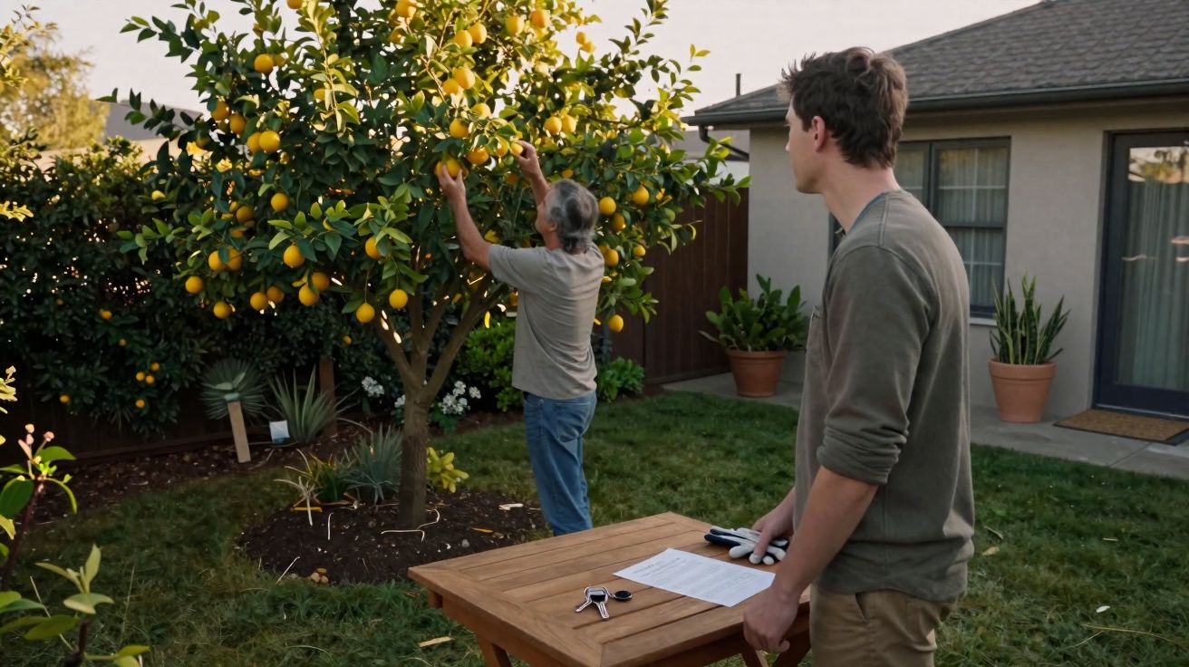 Homem mais velho apanha limões numa árvore enquanto jovem observa numa casa com jardim.